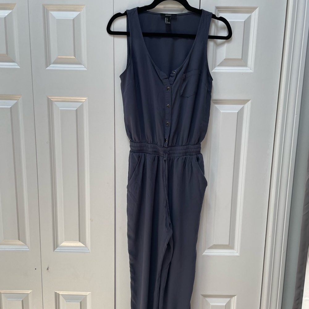 Forever 21 Blue Snap Front V-Neck Jogger Jumpsuit